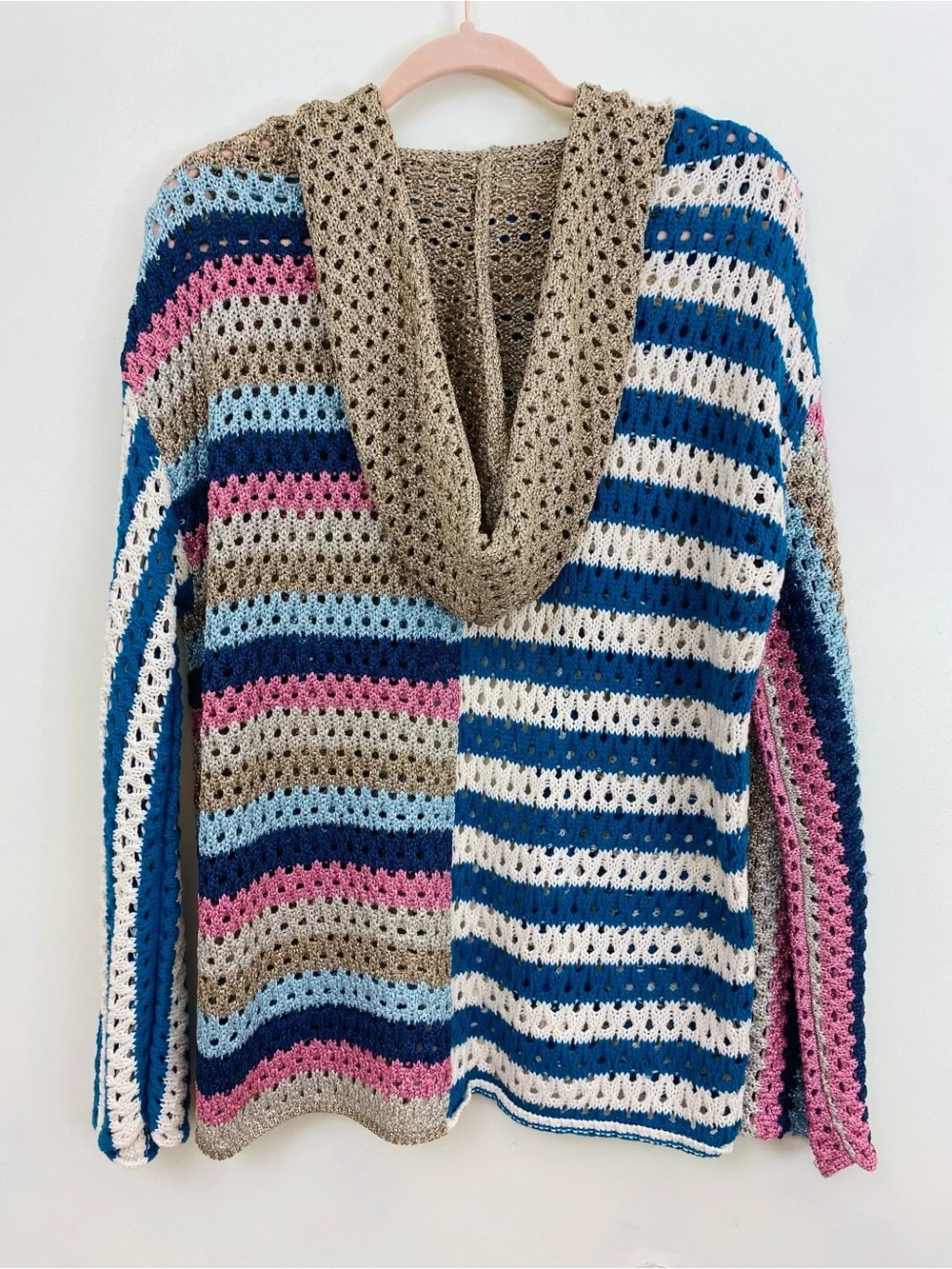 Elan Crochet Sweater Cardigan Sz L Metallic Hooded Hippie Boho Open Front Cozy
